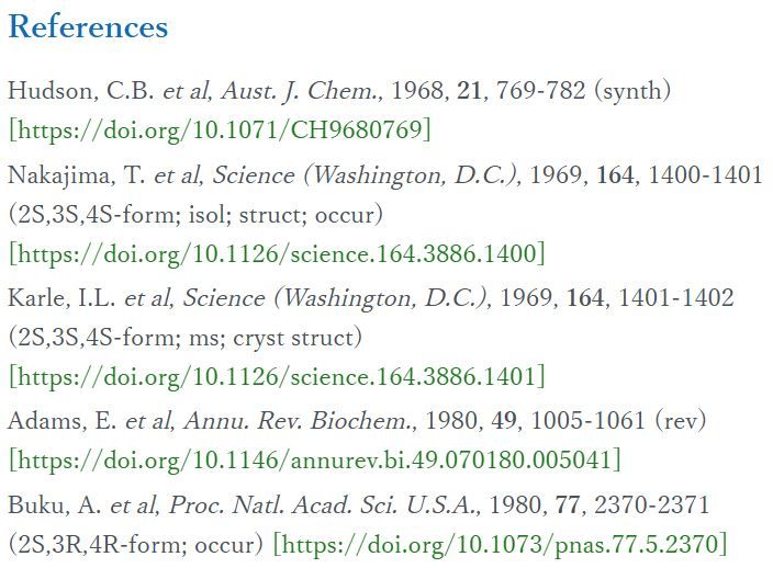 図4　天然物辞典における3,4-Dihydroxyprolineとその誘導体のリファレンスのリスト。各リファレンスには文献の内容を示すタグが付与されている。例えば、「synth」のタグは合成に関する論文であることを、「isol」のタグは単離に関する論文であることを示す。また、「2S,3S,4S-form」は(2S,3S,4S)-体の文献、「2S,3R,4R-form」は(2S,3R,4R)-体の文献であることを示す。