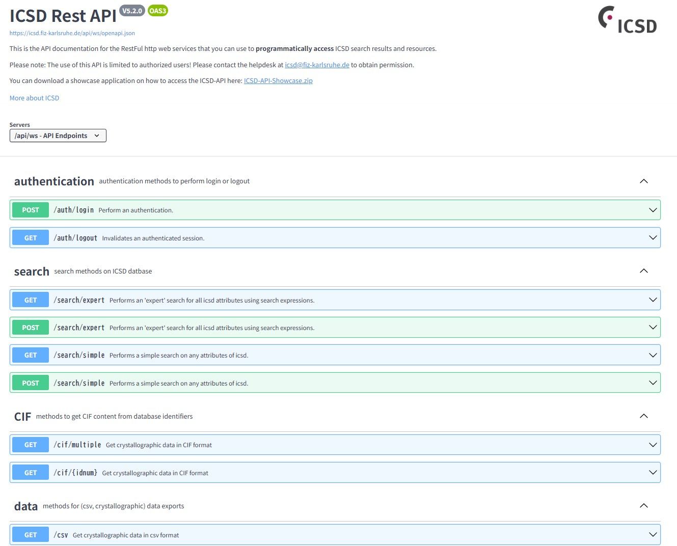 ICSDのAPI documentation & help画面例