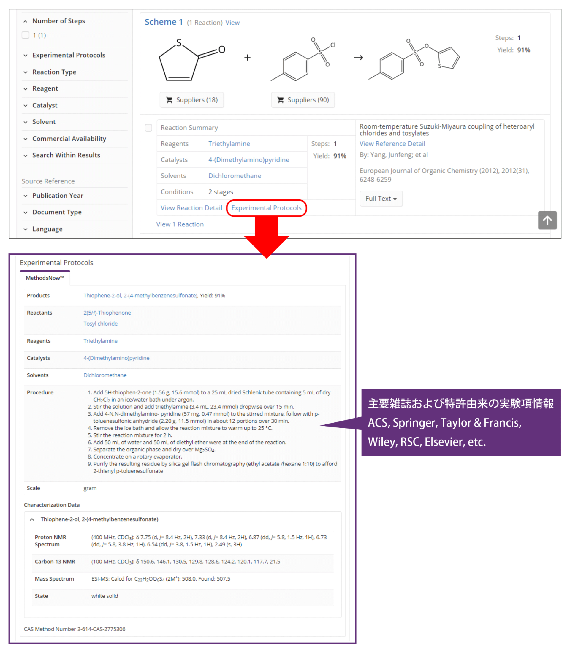 図4 反応検索結果から化学反応手順の表示/原文献なしでも実験手順を確認できます